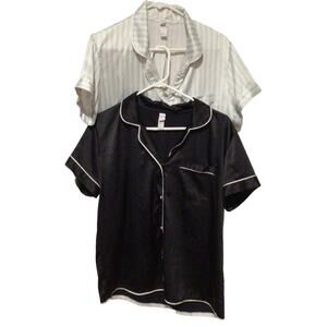 Stars Above Women’s Pajama Tops – Black & Blue Striped Sleep Shirts Size Large